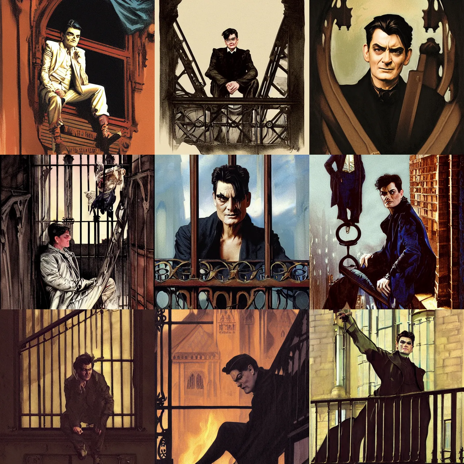 Prompt: character portrait of charlie sheen sitting down on a fire escape so high on mdma in gothic london, gothic, john singer sargent, muted colors, moody colors, illustration, digital illustration, amazing values, art by j. c. leyendecker, joseph christian leyendecker, william - adolphe bouguerea, graphic style, dramatic lighting, gothic lighting