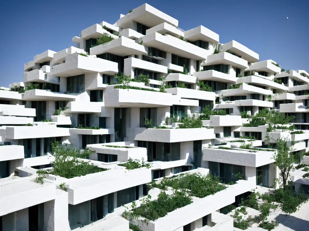 Image similar to habitat 6 7, white lego terraced architecture hotel in the dessert, many plants and infinite pool