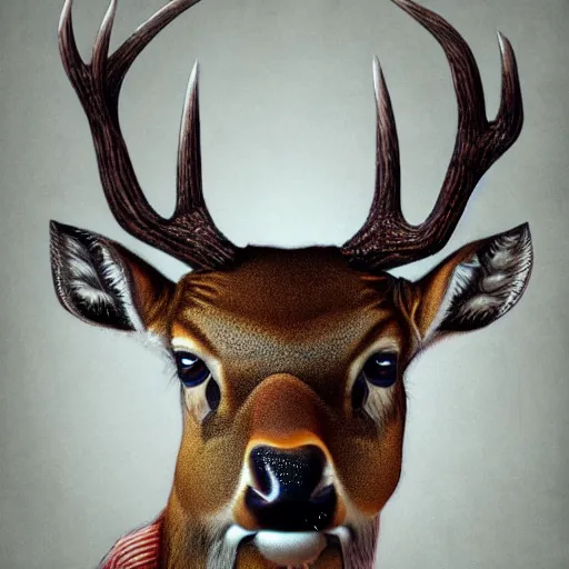 Image similar to a upper body portrait of a deer in a pinstriped suit and pants wearing a fedora with the antlers sticking out of the fedora by artgerm and wlop, intricate detail, digital art, photorealistic, trending on artstation