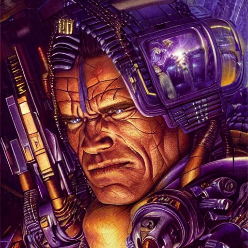 Prompt: schwarzenegger as cyberpunk xenohunter, atmospheric lighting, painted, intricate, golden and purple hour, ultra detailed by peter gric, giger, enki bilal