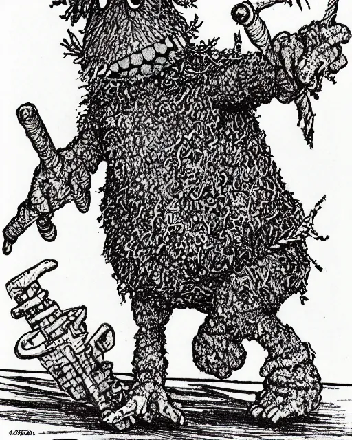 Image similar to an illustration of a fraggle, full body, standing in rectangular border, pen-and-ink illustration, etching, by Russ Nicholson, DAvid A Trampier, larry elmore, 1981, HQ scan, intricate details