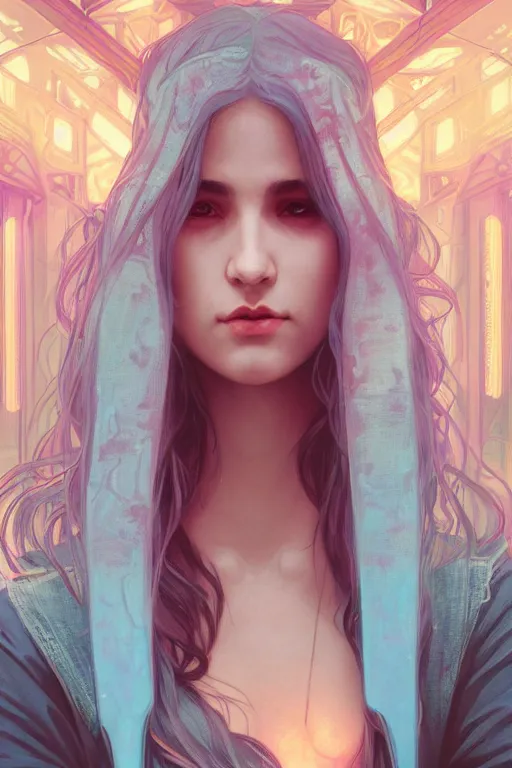 Image similar to portrait, vampire of clan banu haqim, light brown skin, night, long light blue hair, beautiful, in a cyberpunk city, neon signs, jewelry, alphonse mucha, william bouguereau, rossdraws, greg rutkowski, super detailed, realistic, octane render, volumetric, cinematic, 8 k