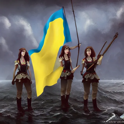 Image similar to ukrainian girls with ukrainian flag near big ruined warship, happy, concept art, trending on artstation, highly detailed, intricate, sharp focus, digital art, 8 k