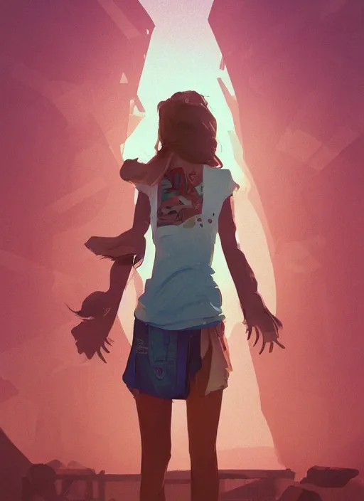 Image similar to digital art of a beautiful girl wearing a shirt standing in front of a ruined apartment complex, desert composition, sunlit, vector art, by artgerm, by greg rutkowski, anime style, octane render, bright colors, face!!!! close - up