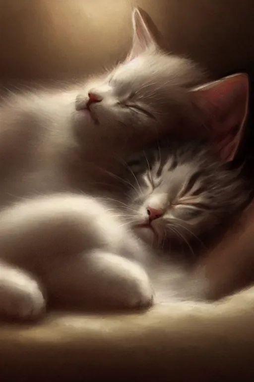 Image similar to A film still of kitten sleeping, highly detailed, digital painting, artstation, concept art, sharp focus, illustration, cinematic lighting, art by artgerm and greg rutkowski and alphonse mucha diffuse lighting, fantasy, intricate, elegant, highly detailed, lifelike, photorealistic, digital painting, artstation, illustration, concept art, smooth, sharp focus, art by John Collier and Albert Aublet and Krenz Cushart and Artem Demura and Alphonse Mucha