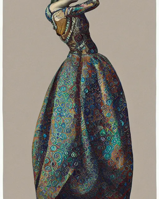 Image similar to “a painting of a female figure adorned with a dress created by calligraphic flourishes, ambient occlusion, ultra detailed, soft facial features, geometric array of shapes fading into the background, shallow depth of field, bokeh, subtle shadows, monochromatic color scheme, pops of color, pastel tones, chuck close, hd”