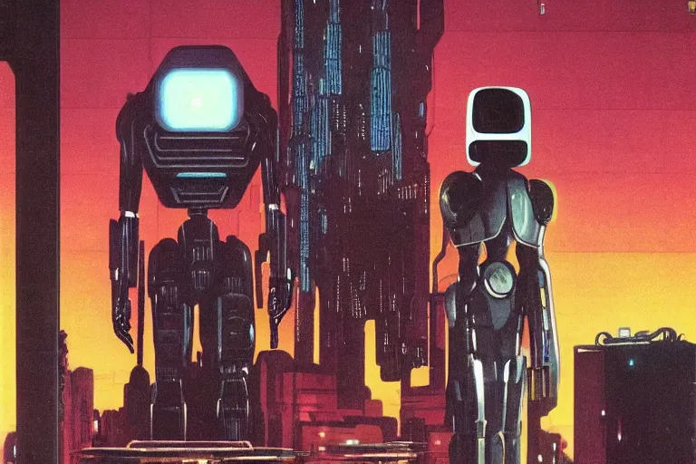 Prompt: 1979 OMNI Magazine Cover depicting a creepy imposing Robot standing in a throne room. Cyberpunk Akira style by Vincent Di Fate