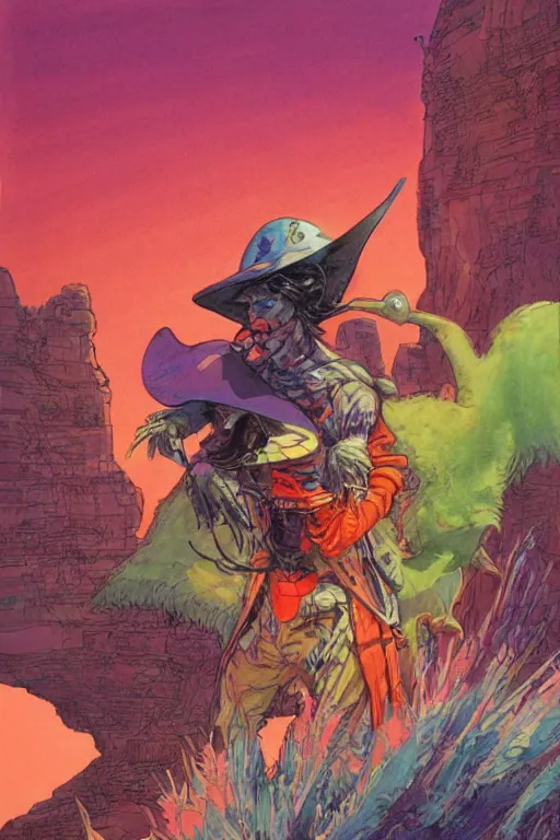 Prompt: wide angle on fantasy emu rider with hat, scifi, art by moebius or juan gimenez, in watercolor gouache detailed paintings, in style of syd mead, colorful comics style, artstation