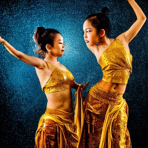 Image similar to two asian girls dancing, liquid golden and black fluid, magic hour, dramatic light, liquid painting, golden bodypaint, yellow and blue lightning, world best photography, indian patterns, bokeh, golden jewelry filigree, body detaily, ornaments, fresco by michaelangelo, golden rays, god rays, epic cinematic wallpaper