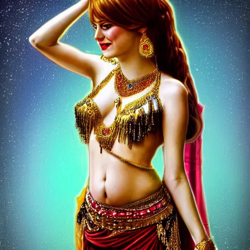 Image similar to a photorealistic portrait of emma stone dressed as a belly dancer, arabian night, high quality, fully detailed, 4 k, in focus sharp face with fine details, realistic hand details and anatomy composition, inspired by belly dancer on youtube, alphonse mucha, masterpiece, stunning