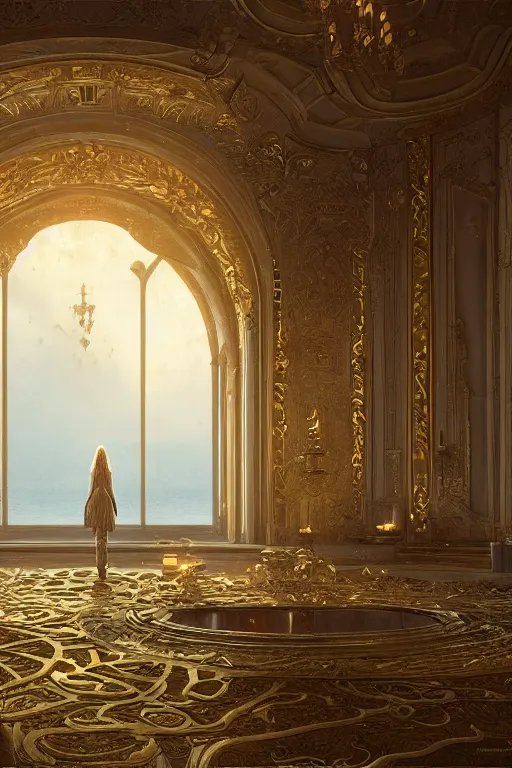 Image similar to vanishing point palace is like the kremlin covered with golden roses on a lake, viewed from afar, stephen bliss, misty, unreal engine, fantasy art by greg rutkowski, loish, ferdinand knab, and lois van rossdraws,, global illumination, radiant light, minimalist, detailed and intricate environment
