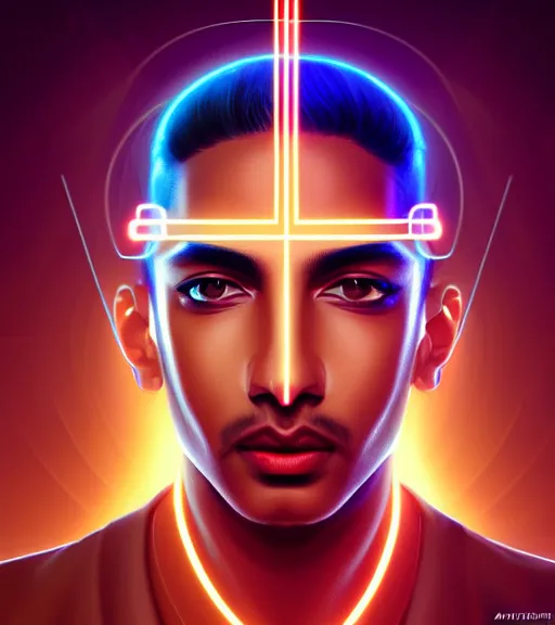 Image similar to symmetry!! indian prince of technology, solid cube of light, hard edges, product render retro - futuristic poster scifi, lasers and neon circuits, brown skin handsome indian prince, intricate, elegant, highly detailed, digital painting, artstation, concept art, smooth, sharp focus, illustration, dreamlike, art by artgerm