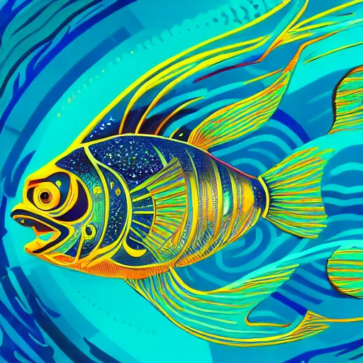 Image similar to one stylized fish with saturated colors viewed in profile in the ocean filled with very desaturated colors and complex sparkles and patterns, artstation, intricate, realistic, highly detailed, digital painting, concept art, sharp focus, illustration by tom whalen and charles williams and kilian eng and james jean