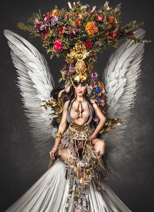 Prompt: full body environmental portrait photo of a goddess as angel, ornate headpiece made from flowers, ornaments, glamour shot by lindsay adler, stefan gesell, photorealistic, canon r 3, fashion photography, hyper maximalist, sharp focus, ornate, elegant, luxury and elite, symmetrical features, octane render, unreal engine, solid dark grey background, dramatic lights