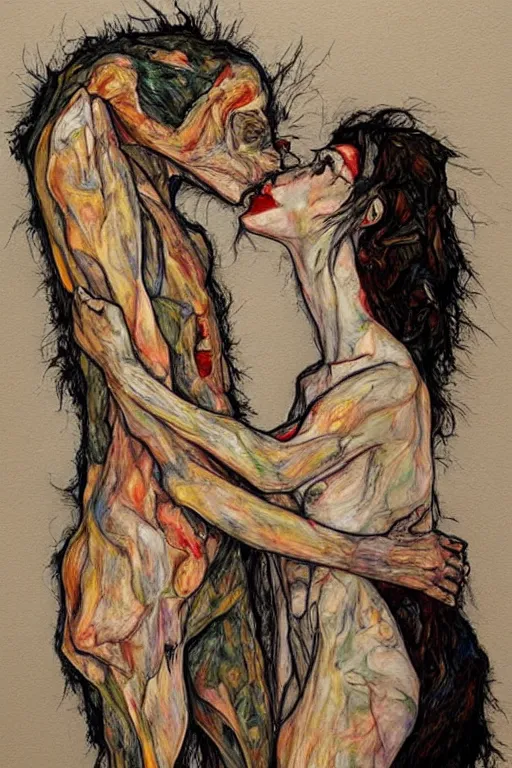 Image similar to two kissing characters in style of herakut and egon schiele, masterpiece, centered, hyperdetailed, complex, intricate, veiled, 4 k, dynamic!! trending on artstation,