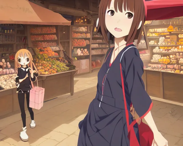 Image similar to anime visual, portrait of a young female traveler in an open medieval market shopping, cute face by yoh yoshinari, katsura masakazu, cool studio lighting, dynamic pose, dynamic perspective, strong silhouette, anime cels, ilya kuvshinov, cel shaded, crisp and sharp, rounded eyes, moody