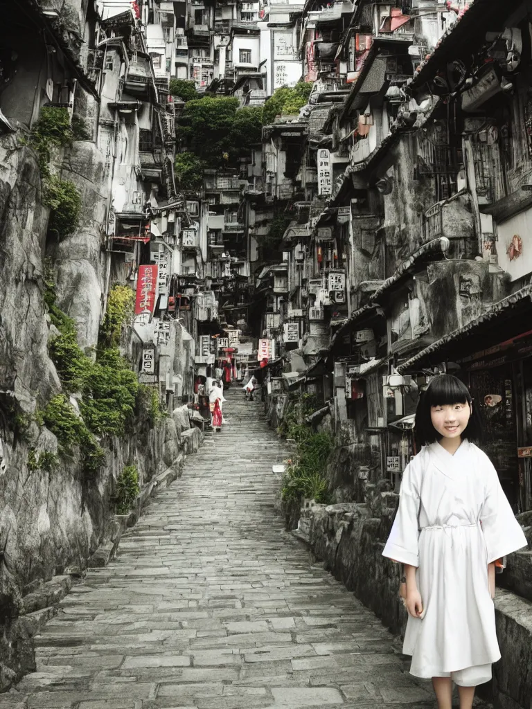 Image similar to 2 0 0 1 digital photo of a young japanese girl cosplaying as chihiro from “ spirited away ”, in a beautiful location of jiufen in taiwan. highly - detailed professional photography.
