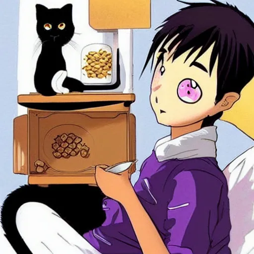 Prompt: “Shinji from Eva eating Cheerios with an emo cat girl”