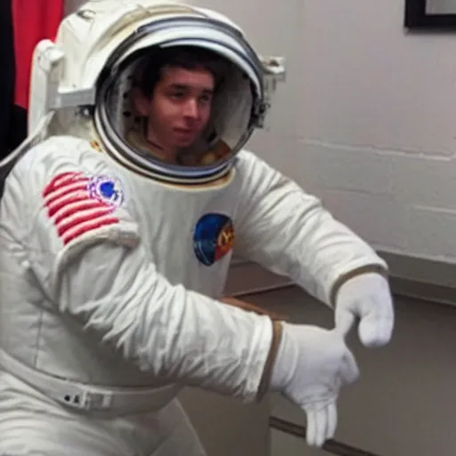 Image similar to a hybrid half man half potato getting dressed as an astronaut