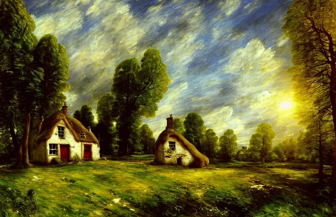 Image similar to small tudor cottage in a field near a pine forest, blue sky, fantasy, concept art, high angle, highly detailed, warm lighting, by john constable