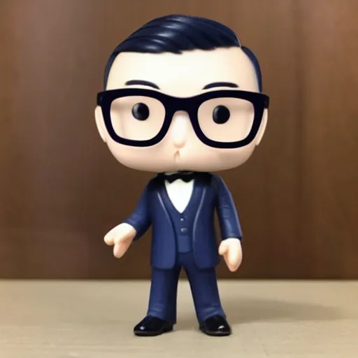 Prompt: asian male with rounded glasses, flat nose, navy coloured suit and tie, funko pop
