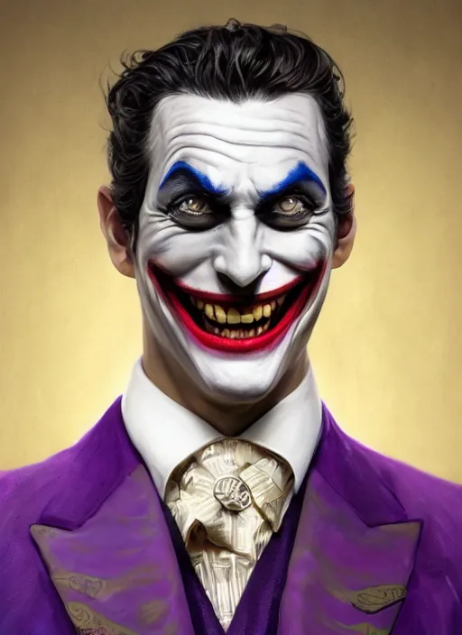 Image similar to portrait of opulent Joker, laughing pose, sigma male, gigachad, medium black hair, batman crown, purple luxurious suit, fantasy, elegant, realistic, highly detailed, digital painting, artstation, concept art, smooth, sharp focus, illustration, art by artgerm and greg rutkowski and alphonse mucha