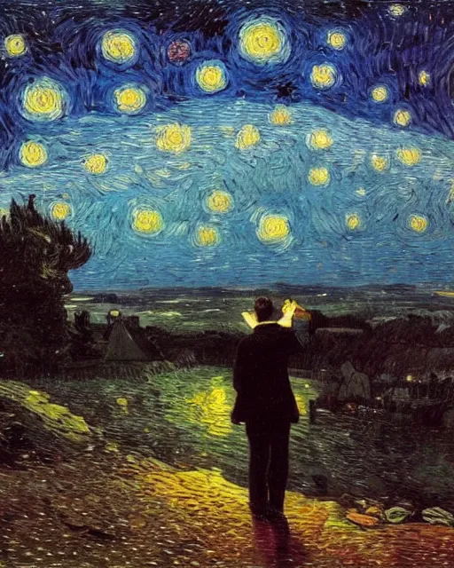 Image similar to a person looking at the night sky with stars, colorful, beautiful, national geographic, very detailed, astrophotography, oil painting, canvas, Vincent van Gogh, Caspar David Friedrich, Theodor Kittelsen, Albert Bierstadt