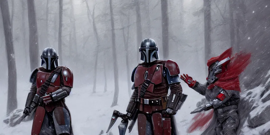Image similar to a mandalorian with a red and grey helmet facing a long dark haired jedi man, from side view close up, in a snowy forest setting, hard edges concept art, highly detailed, great cinematic lighting, depth of field, art by greg rutkowski, trending on artstation