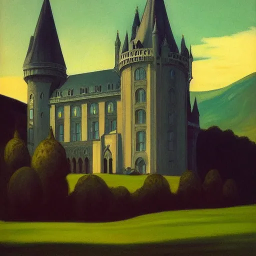 Prompt: beautiful gothic castle landscape in the style of Edward Hopper