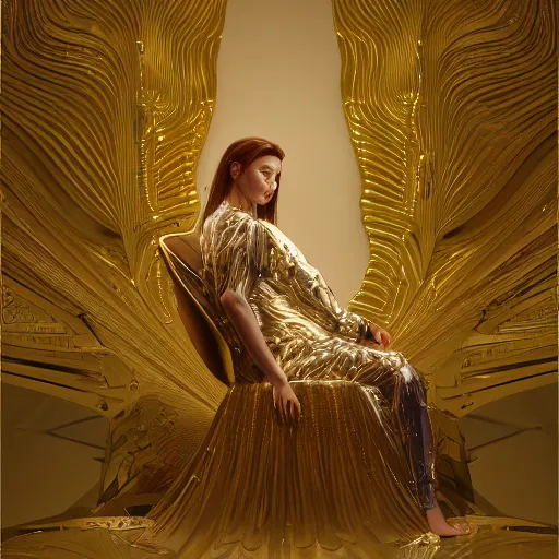 Prompt: product photo of a gold chair, by artgerm and greg rutkowski and marc newson, alphonse mucha, zaha hadid, volumetric light, detailed, octane render, midsommar