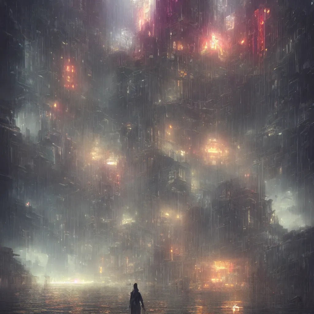 Image similar to ta ha, volumetric lighting, highly detailed, by greg rutkowski, complementing colors, god looking at me, heavy rainy, lofty heavens, water reflection, flowers, hyper realistic, concept art, 8 k detail post - processing, cyberpunk, arcane style