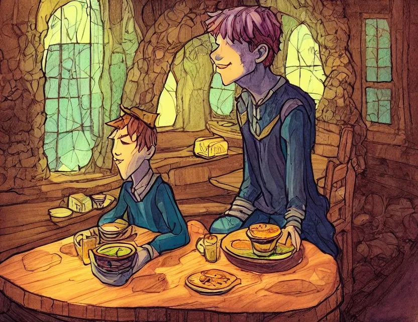 Prompt: witch boy in a suspicious cafe. complementary colors, copic markers, indie concept art, bloom, chiaroscuro, backlighting, intricate details.