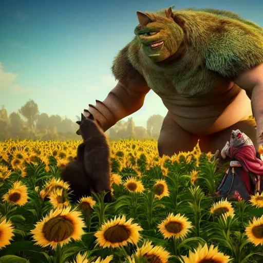 Image similar to ogre in lether armor petting a cat in sunflower fields, award winning, trending on artstation, unreal engine