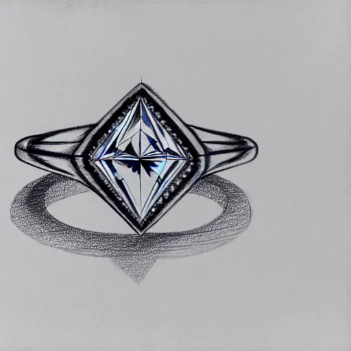 Image similar to sketch of engagement ring with two smaller diamonds outside and one bigger diamond in the middle, detailed, concept art, victorian, schematics, fashion