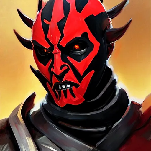 Image similar to greg manchess portrait painting of armored darth maul as overwatch character, medium shot, asymmetrical, profile picture, organic painting, sunny day, matte painting, bold shapes, hard edges, street art, trending on artstation, by huang guangjian and gil elvgren and sachin teng