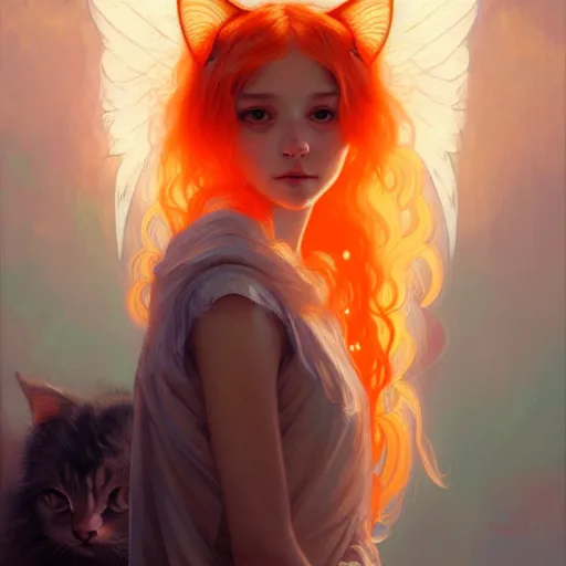 Prompt: Portrait of a girl angel with light orange fuzzy frizzy hair, cat ears, glowing halo, wings, fantasy, intricate, elegant, highly detailed, digital painting, artstation, concept art, smooth, sharp focus, illustration, art by Krenz Cushart and Artem Demura and alphonse mucha