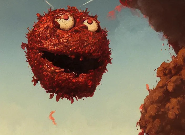 Prompt: close up cinematic artwork of meatwad staring down the enemy on the battlefield by Greg Rutkowski, 4k, masterpiece