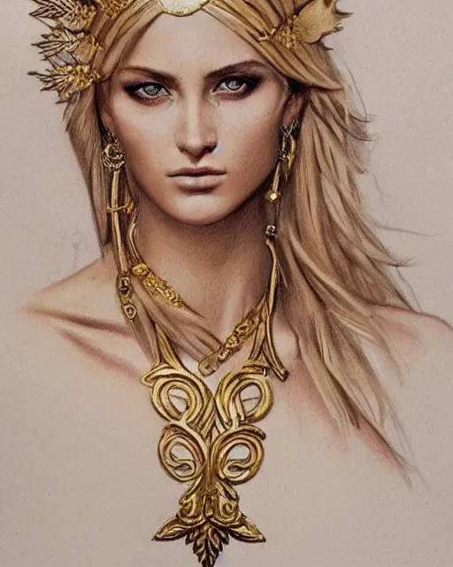 Image similar to tattoo sketch of hot blonde super model as aphrodite greek goddess wearing a gold laurel wreath and triangle earrings, beautiful piercing gaze with sharp pupils, in the style of greg rutkowski, fantasy, amazing detail, epic, elegant, smooth, sharp focus, front view