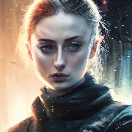 Image similar to sophie turner, streetwear, techwear, cyberpunk style outfit, nose piercing, detailed portrait, intricate complexity, by greg rutkowski, cushart krentz, artgerm, ross tran, conrad roset, takato yomamoto, ilya kuvshinov. 4 k, beautiful, cinematic dramatic atmosphere, portrait lighting