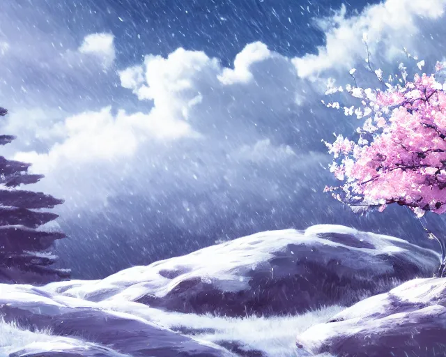 Image similar to snowy rocky field with a sakura tree, petals, cloudy, moodly lighting, snow in wind, illustration, by pine ( ハイネ ) and 薯 子 imoko and 香 川 悠 作 and wlop and maya takamura, highly detailed, trending artstation, pixiv, digital art