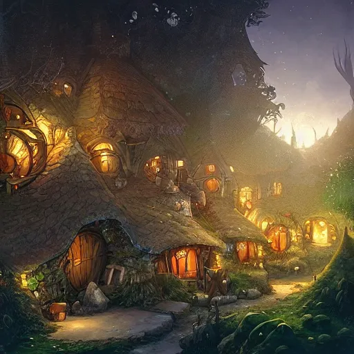 Image similar to night scene of a hobbit village, by peter mohrbacher and dan mumford and nekro, cgsociety, volumetric light, 3 d render