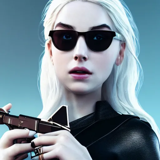 Prompt: a beautiful + blonde + dragon queen + white hair + cool black glasses + holding pistol + tights + ana de armas + dream water, beautiful smooth soft light + white petal, oil paint, cinematic lighting, octane render, unreal engine 5, closeup, 4 k, highly detailed, instagram,