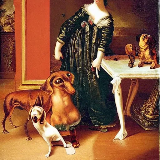 Image similar to nicki minaj walking a dachshund baroque oil painting