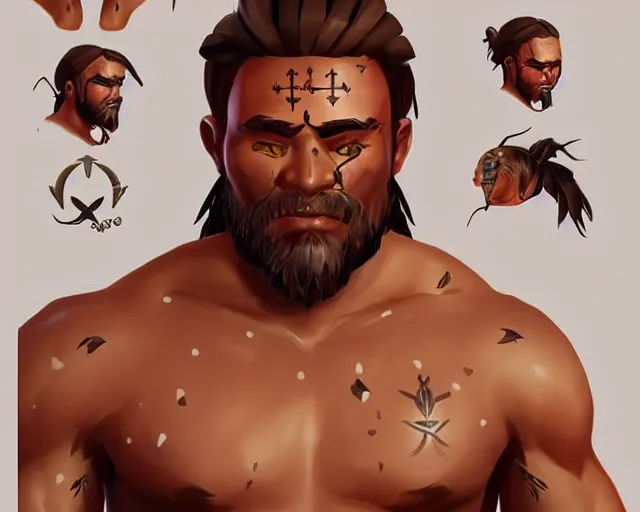 Prompt: sea of thieves character portrait concept art for a muscular tribal native man with polynesian tattoos on his face and a nose ring, cgsociety, trending on artstation, rare ltd,