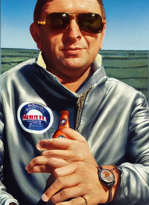 Prompt: head and shoulders portrait of shaun ryder in a leather spacesuit drinking moretti birra friulana in the sun , by normal rockwell