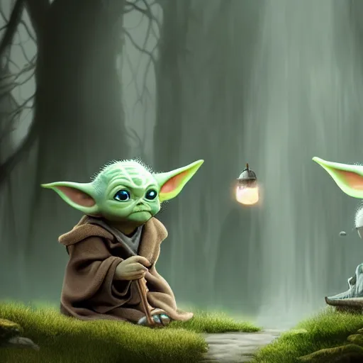 Image similar to the opening scene of the ( andy griffith tv show ) staring baby yoda and gandolf. photorealistic digital art in the style of pixar, epic fantasy, dramatic lighting, cinematic, extremely high detail, cinematic lighting, trending, artstation, cgsociety, 3 d ue 5, 4 k, hq