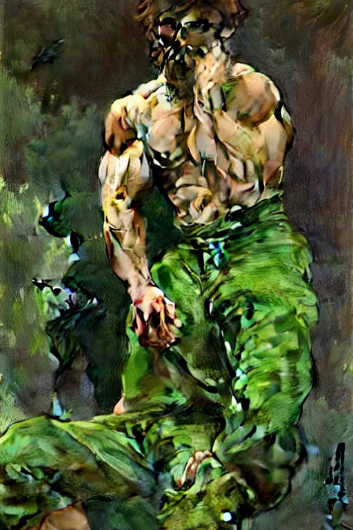Image similar to man wearing green clothes, muscular, fantasy, painting by greg rutkowski and alphonse mucha