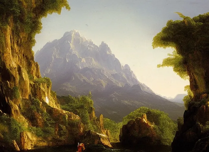 Image similar to painting of a brutalist structure in front of beautiful mountains by thomas cole