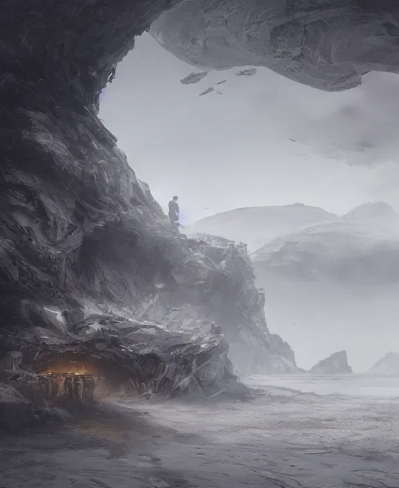 Image similar to surreal epic, masterpiece, romantic prometheus white exploration base, ancient ochre palette, building architecture by ruan jia, mecha floor, futuristic, blame, white architecture in the beach in iceland, foggy, highly detailed, digital painting, arstation, concept art, hyperealistic octane render, unreal engine