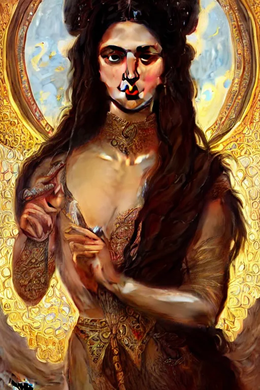 Image similar to Beautiful portrait of an attractive Persian Princess who is an architect, beautiful princess, face painting, persian architecture, dramatic lighting, intricate, wild, highly detailed, digital painting, artstation, concept art, smooth, sharp focus, illustration, art by artgerm and greg rutkowski and alphonse mucha, footage from space camera